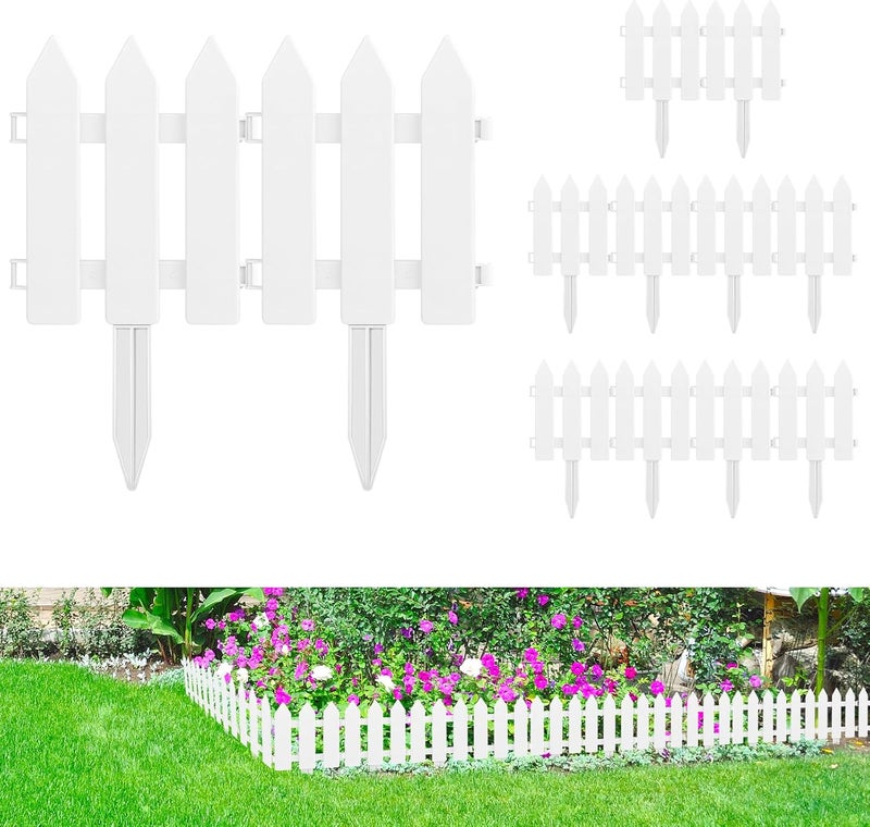 PLULON 24 Pieces Garden Fence with 24 Pieces Fence Insert White Plastic Fence Garden Picket Fence Edgings Lawn Flowerbeds Plant Borders Decorative Garden Yard - Image 1